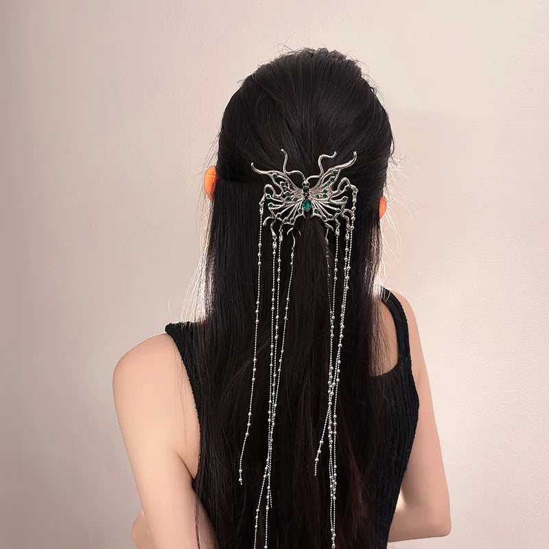 Punk Silver Butterfly Hair Sticks Green Rhinestones Tassel Hair Clips
