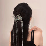 Punk Silver Butterfly Hair Sticks Green Rhinestones Tassel Hair Clips