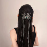 Punk Silver Butterfly Hair Sticks Green Rhinestones Tassel Hair Clips
