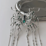 Punk Silver Butterfly Hair Sticks Green Rhinestones Tassel Hair Clips