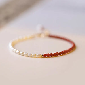 Retro Red Stone Charm Bracelet with Freshwater Pearl
