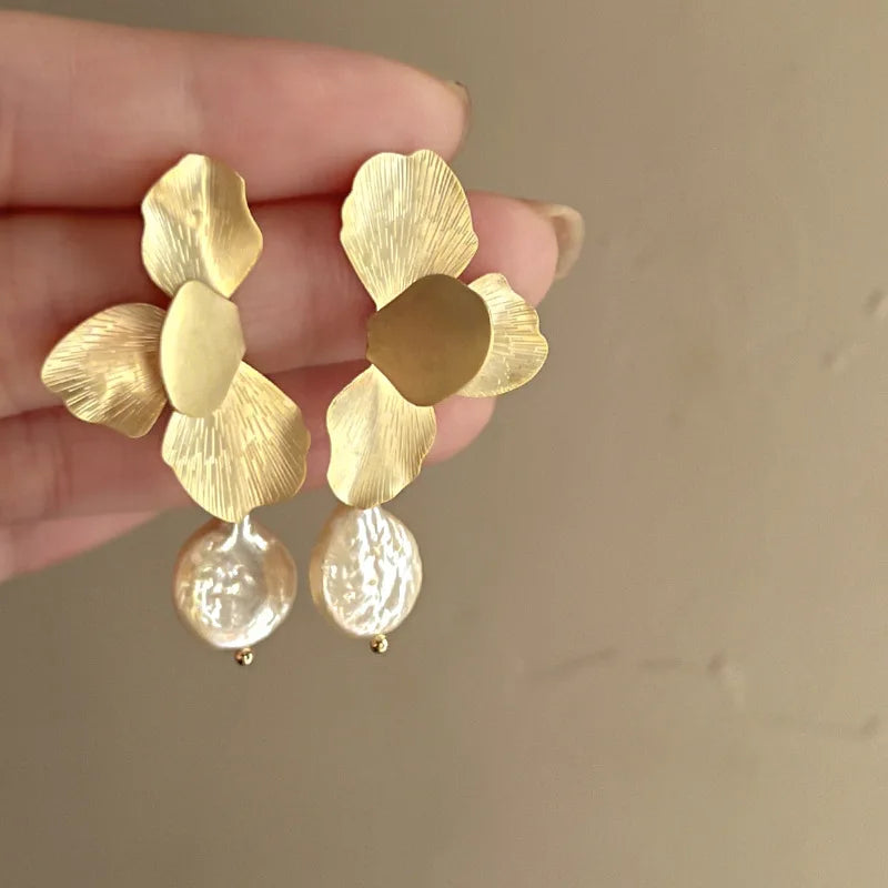 Minar Statement Flower Petal Earrings Baroque Pearl Jewelry