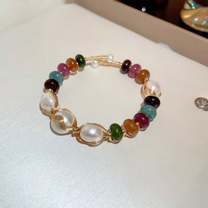 Minar Baroque Pearl Cuff Bracelet Multicolor Agate Charm