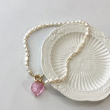 Minar Vintage Glass Heart Pendant Necklace with Freshwater Pearl Choker
