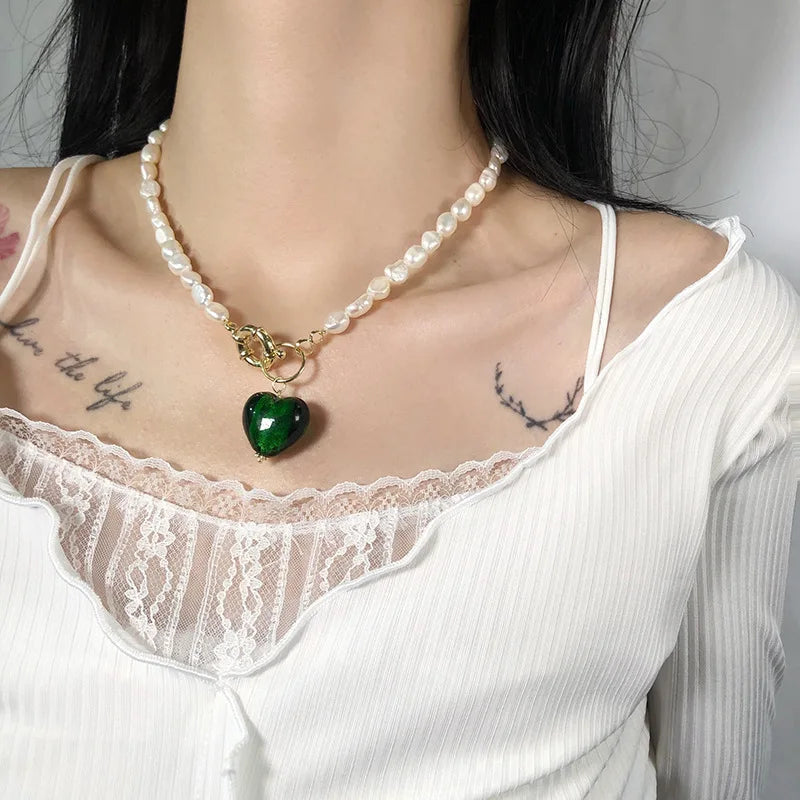 Minar Vintage Glass Heart Pendant Necklace with Freshwater Pearl Choker