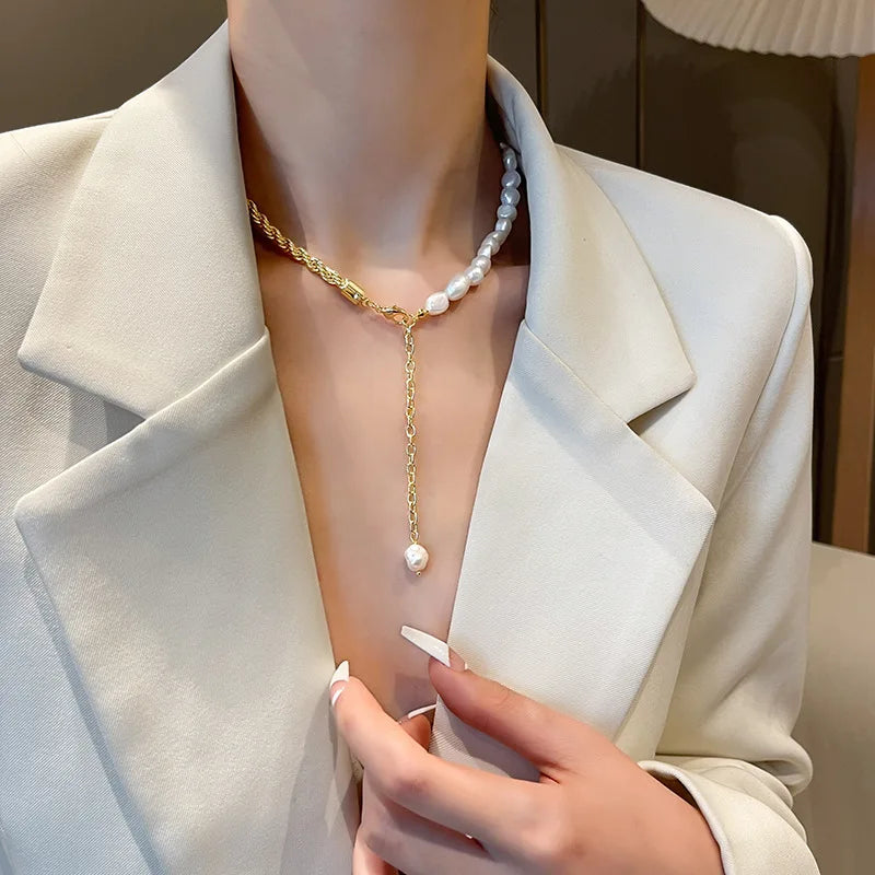 Vintage Natural Pearl Choker Necklace 14K Plated Brass Chain