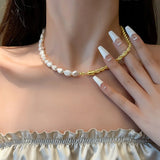 Vintage Natural Pearl Choker Necklace 14K Plated Brass Chain