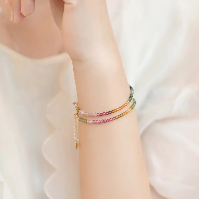 Vintage Rainbow Stone Charm Bracelet Women Thin Chain Beaded