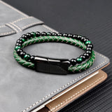 Green Stone Beads Men Bracelet Multilayer Leather Stainless Steel Clasp