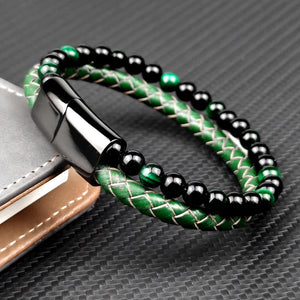 Green Stone Beads Men Bracelet Multilayer Leather Stainless Steel Clasp