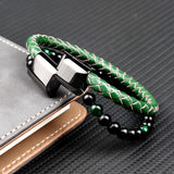 Green Stone Beads Men Bracelet Multilayer Leather Stainless Steel Clasp