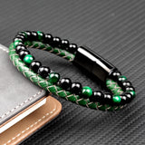 Green Stone Beads Men Bracelet Multilayer Leather Stainless Steel Clasp