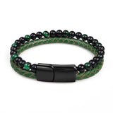 Green Stone Beads Men Bracelet Multilayer Leather Stainless Steel Clasp