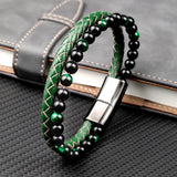 Green Stone Beads Men Bracelet Multilayer Leather Stainless Steel Clasp