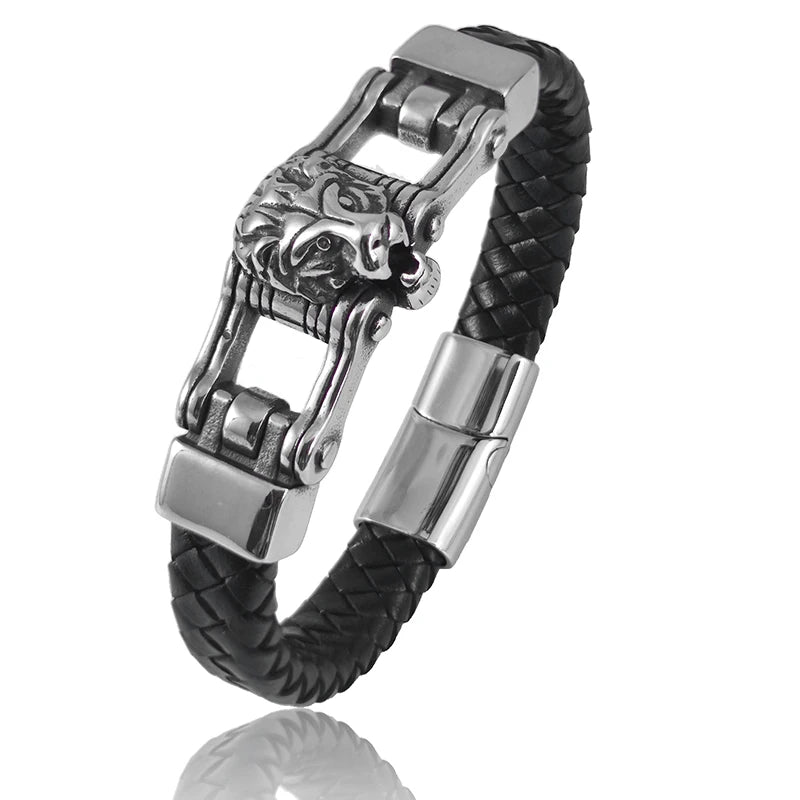 Stainless Steel Lion Leather Bracelet Men's Magnet Buckle Gift