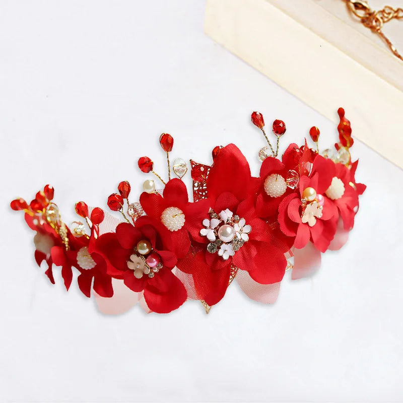 Red Flower Wedding Headband Bridal Hair Band Tiara Headpiece