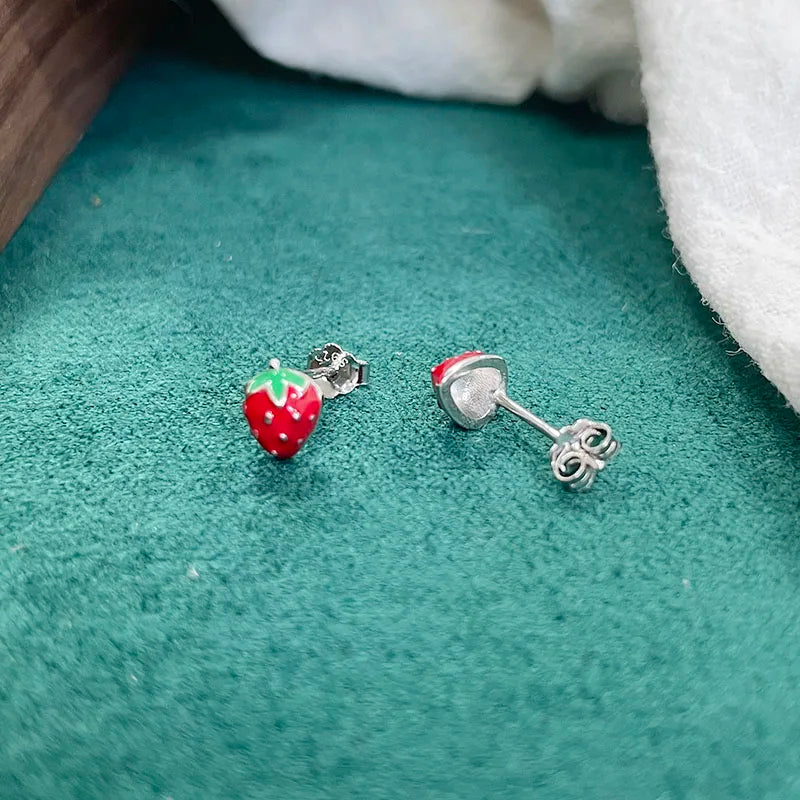 925 Silver Red Strawberry Stud Earrings Girls Kids Baby Jewelry