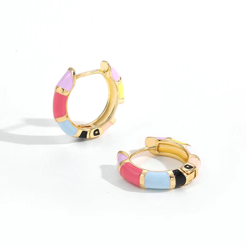 Enamel Rainbow Round Circle Hoop Earrings for Women Colorful Huggie Hoops