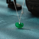 925 Silver Chrysoprase Ruyi Safe Lock Pendant Necklace