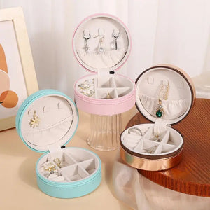 Mini Round Jewelry Organizer Travel Case PU Leather Earrings Necklace Ring Box