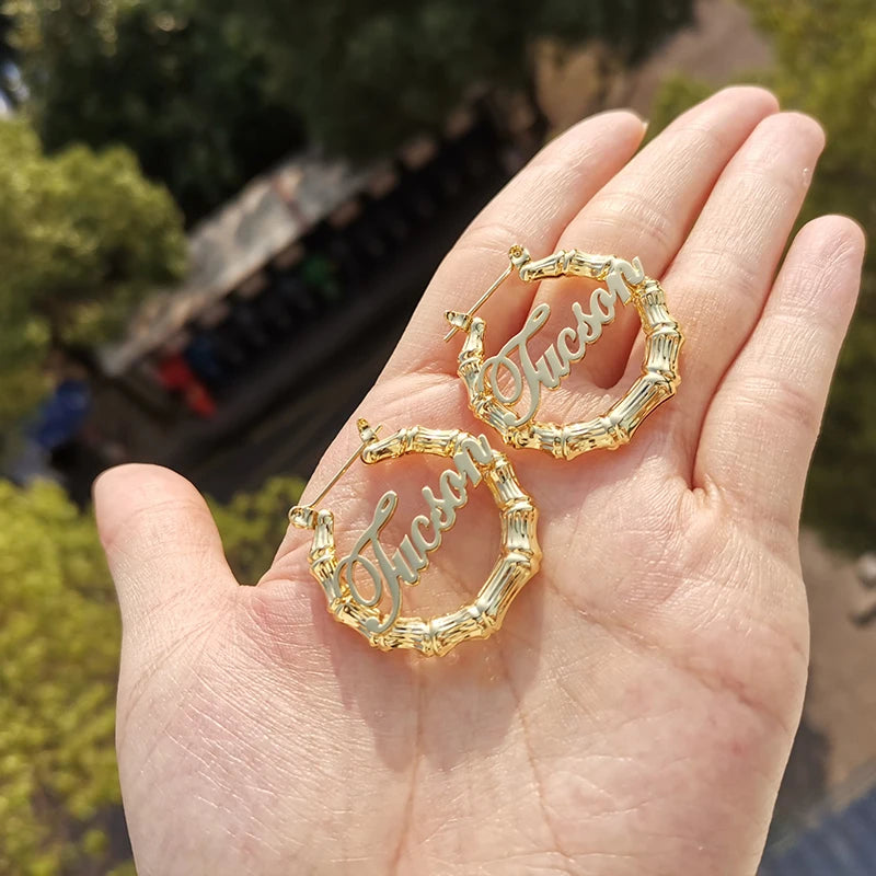 Custom Name Stainless Steel Bamboo Hoop Earrings 30mm Small Hoop