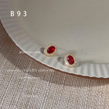 Zircon Micro-set Stud Earrings 925 Silver Plated 14K Oval RED Earrings