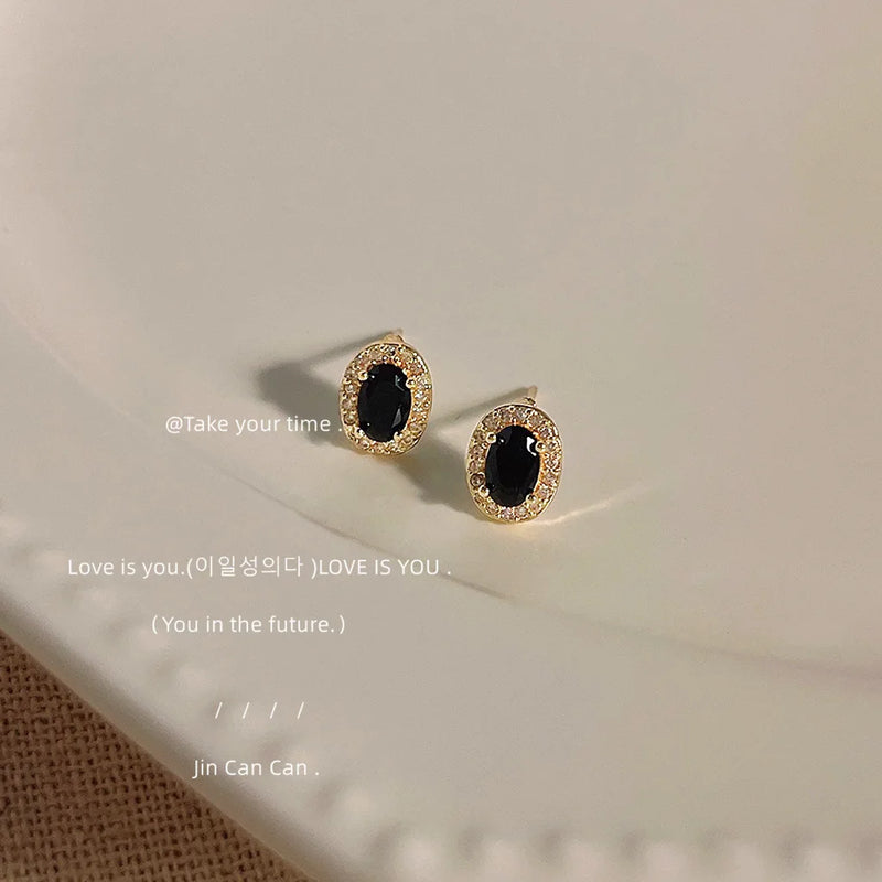 Zircon Micro-set Stud Earrings 925 Silver Plated 14K Oval RED Earrings