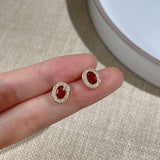 Zircon Micro-set Stud Earrings 925 Silver Plated 14K Oval RED Earrings