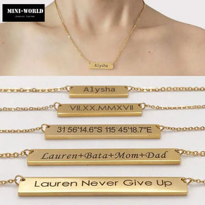 Mini-World Horizontal Bar Pendant Necklace Engraving Name Men Women Jewelry