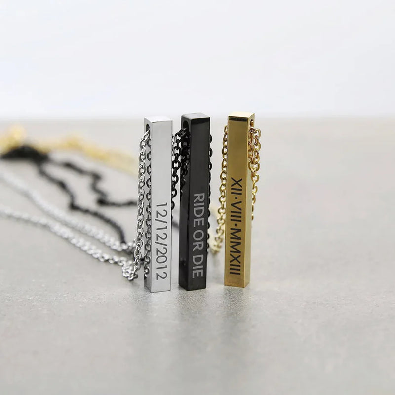 Mini-World Engraved Name Date Geographical Bar Necklace