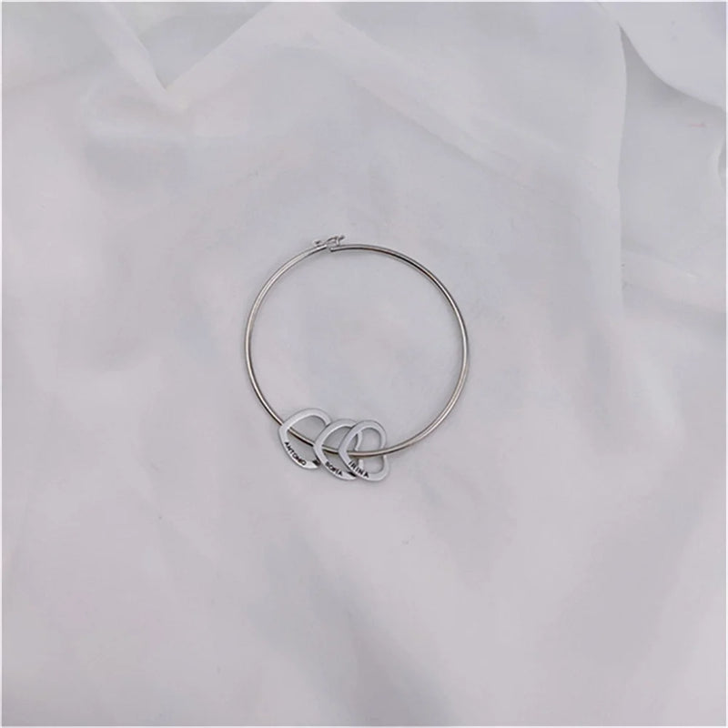 Tiny Heart Charm Carved 2-6 Name Bracelet Stainless Steel Bangle