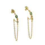 925 Silver Stud Earring with Green CZ Tassel Chain