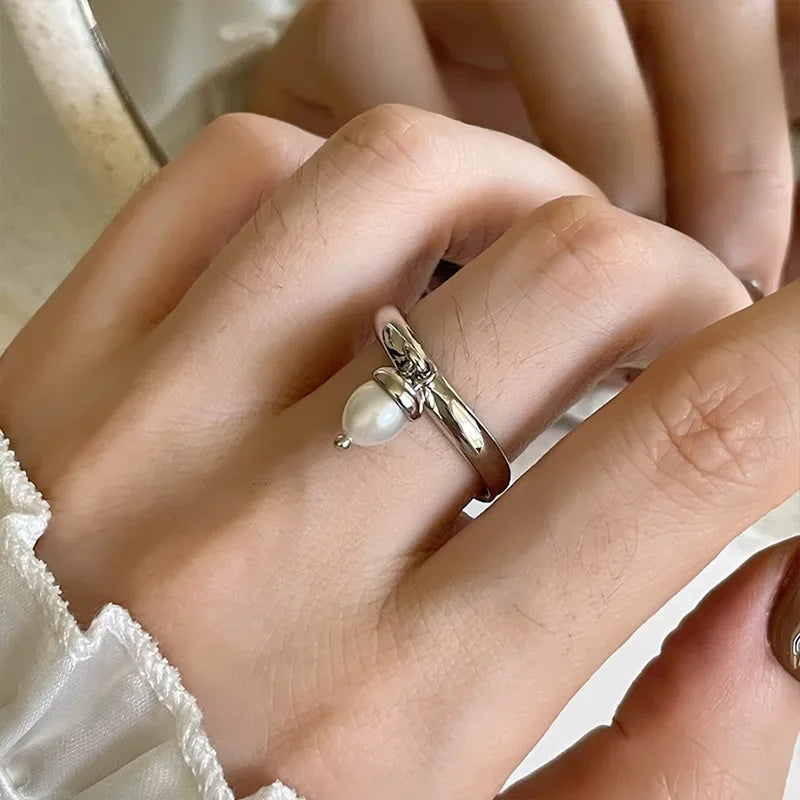 Minimalism Silver Pearl Tassel Pendant Rings for Women Girls Party