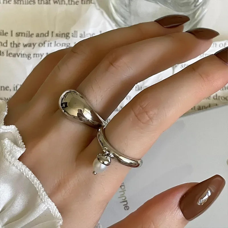 Minimalism Silver Pearl Tassel Pendant Rings for Women Girls Party