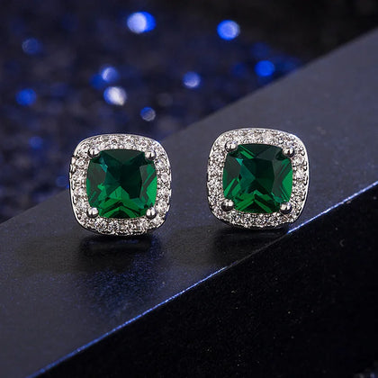 Minimalism Square Emerald Earrings 925 Sterling Silver Zircon Earrings