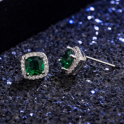 Minimalism Square Emerald Earrings 925 Sterling Silver Zircon Earrings