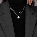 925 Silver Double-layered Chain Necklace Geometric Pendant
