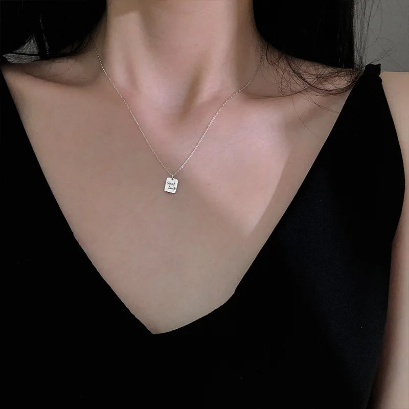 925 Silver Good Luck Square Pendant Necklace Women Jewelry