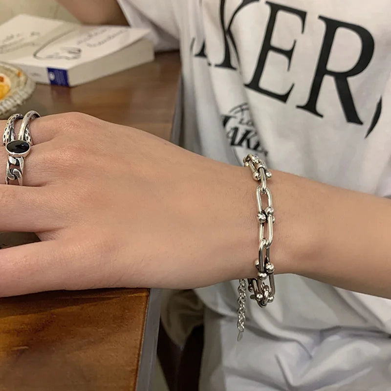 925 Silver Hollow Thicken Chain Bracelets Vintage Punk Daily Jewelry Gift
