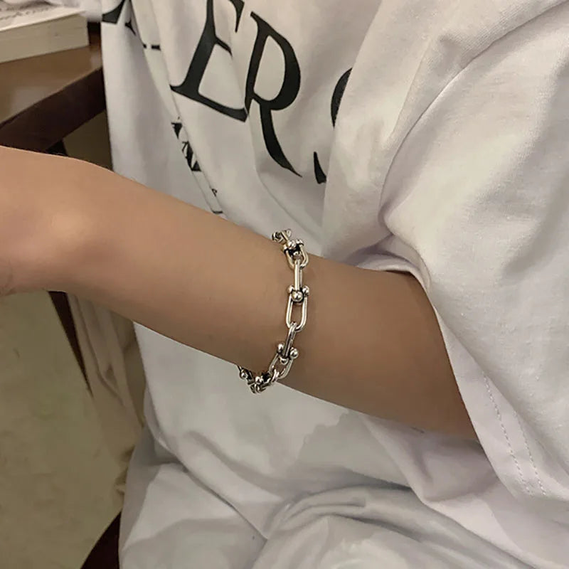 925 Silver Hollow Thicken Chain Bracelets Vintage Punk Daily Jewelry Gift
