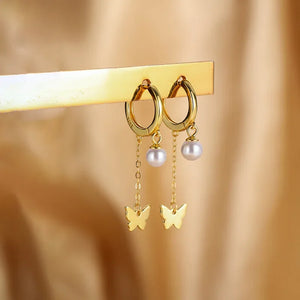 Butterfly & Pearl Tassel Chain Drop Earrings for Women