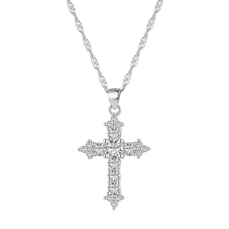 Minimalist CZ Cross Pendant Necklace 925 Silver Women Christianity Jewelry