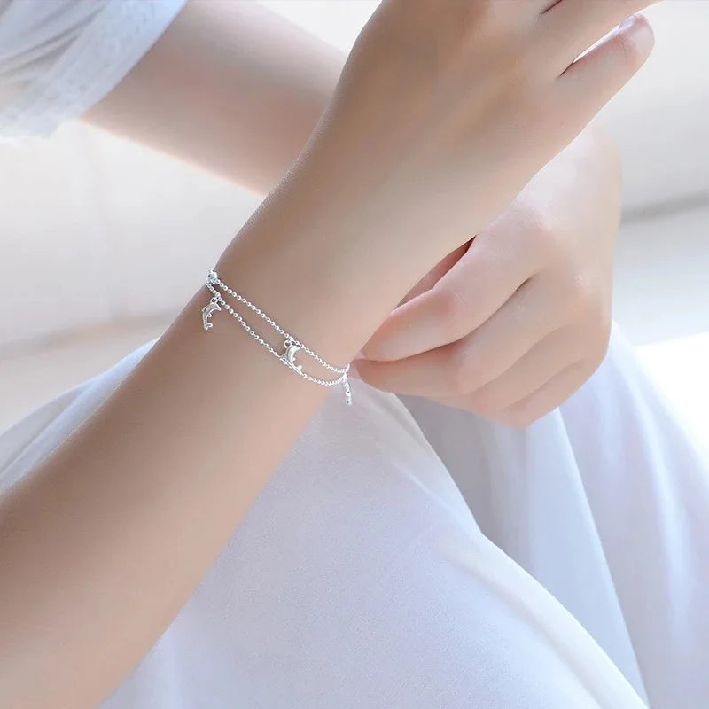 Silver Double Layer Dolphin Anklet 925 Silver Jewelry Gift