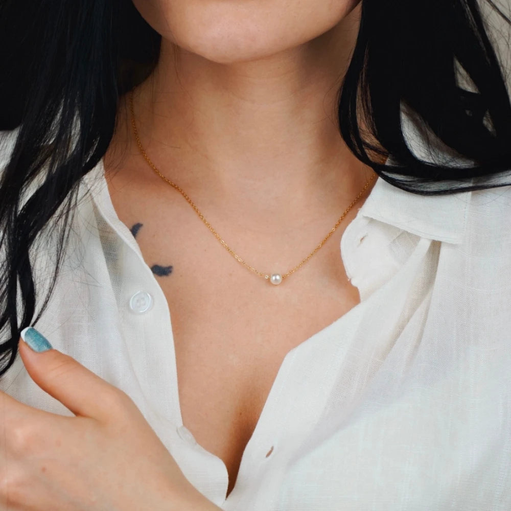 Minimalist Stainless Steel Necklace with Single Pearl for Women