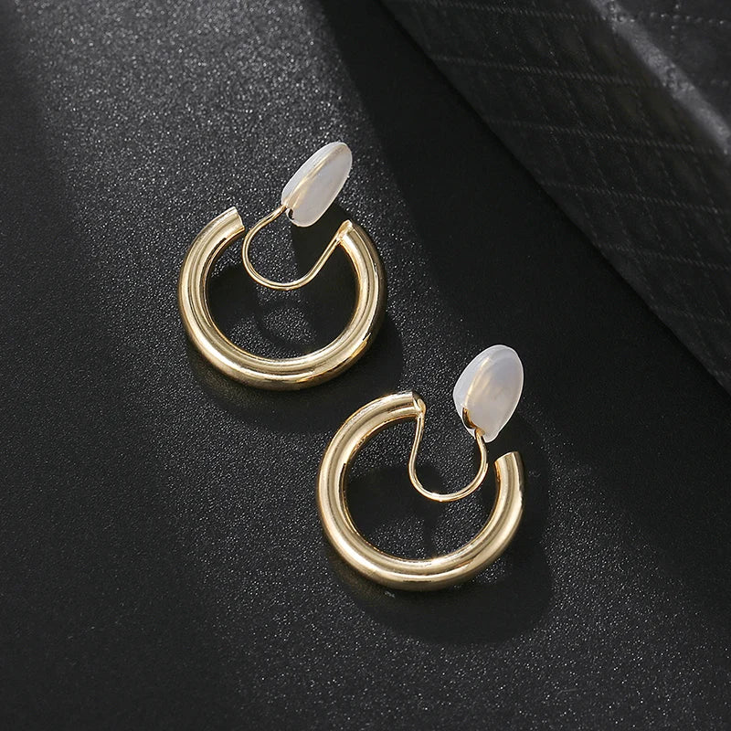 Gold Copper C Shape Clip on Hoop Earrings for Women