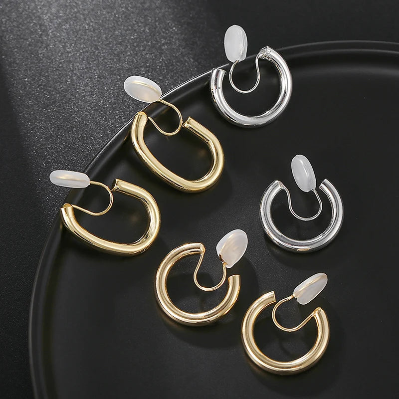 Gold Copper C Shape Clip on Hoop Earrings for Women