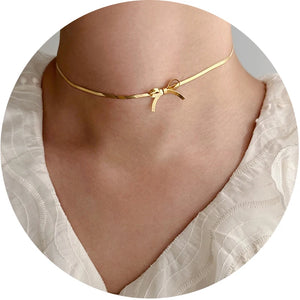 Minimalist Knot Bow Choker Necklace 18k Plated Stainless Steel