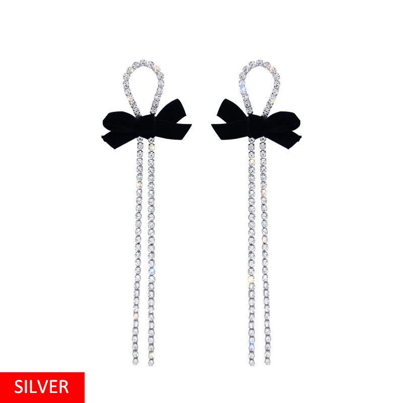 Retro Velvet Bowknot Tassel Earrings Rhinestone Ear Clips