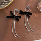 Retro Velvet Bowknot Tassel Earrings Rhinestone Ear Clips