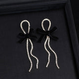 Retro Velvet Bowknot Tassel Earrings Rhinestone Ear Clips